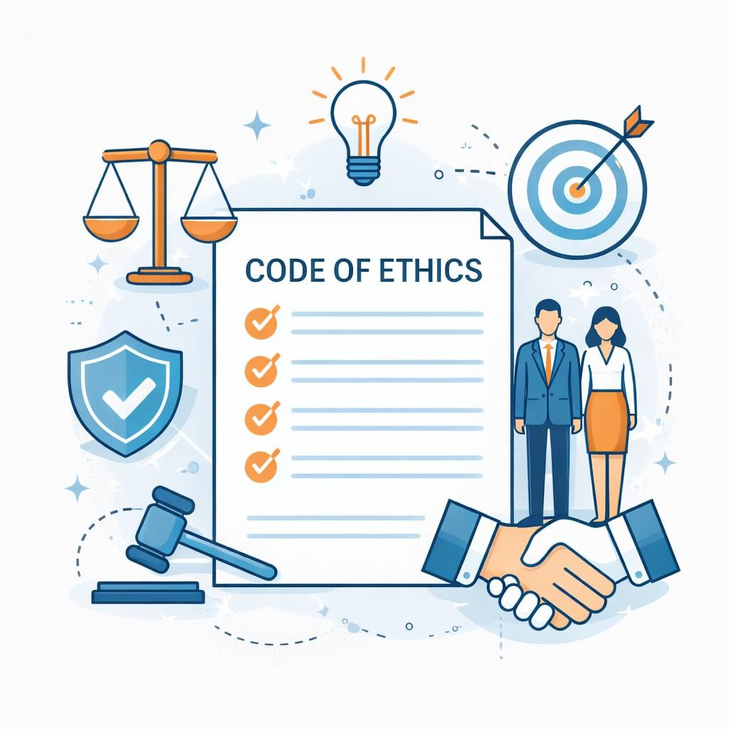 Code of ethics document with checklist, business people, handshake, scales, shield, gavel, light bulb, and target icons